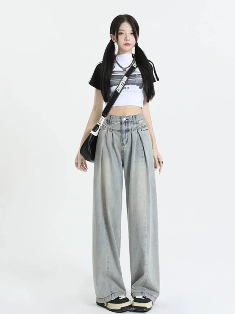 复古阔腿牛仔裤女宽松显瘦直筒垂感拖地（不调不退不换，瑕疵，慎拍）