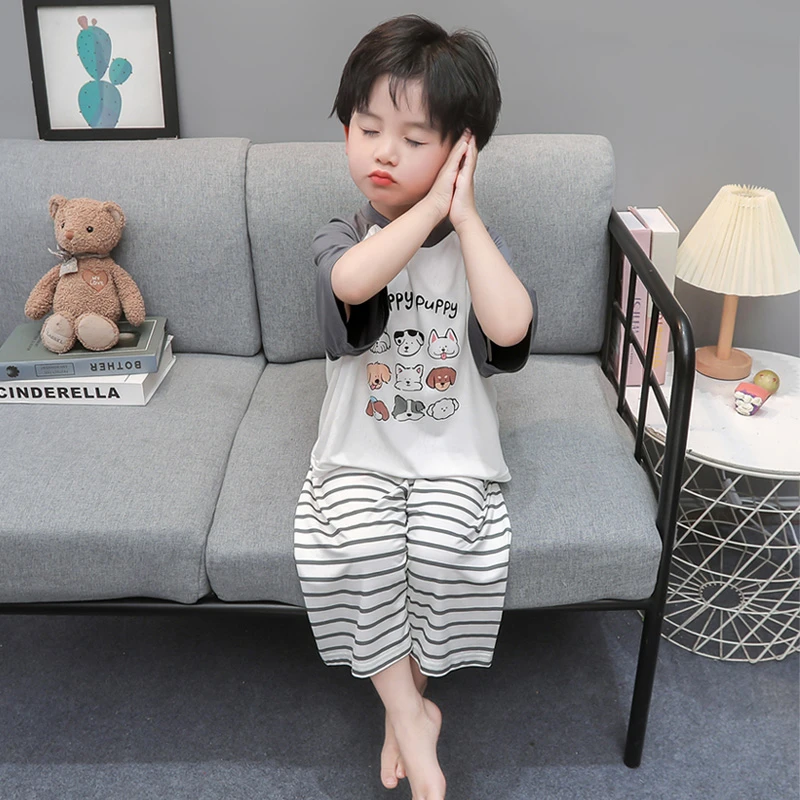 儿童睡衣男孩夏季薄款莫代尔空调衣服男宝宝条纹裤套装男童家居服
