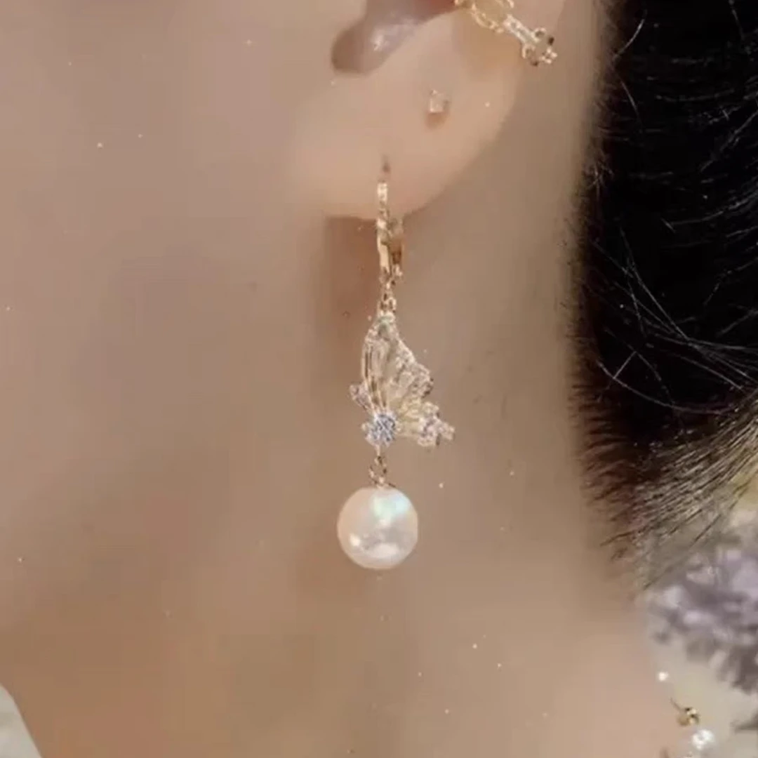 铜合金合成锆石耳饰 樱花粉珠蝴蝶耳坠优雅设计感