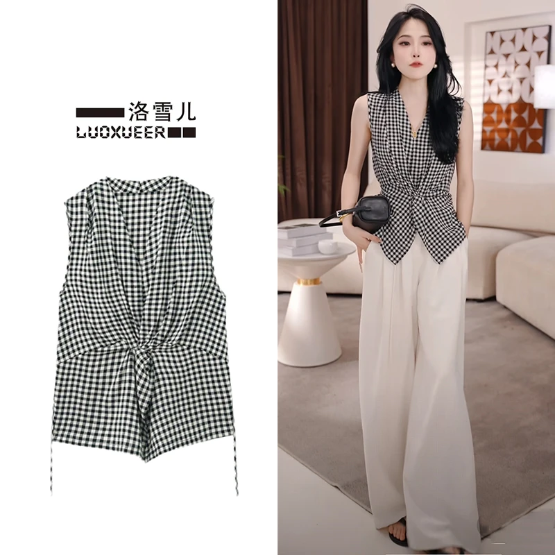 时尚套装女2025夏季新款洋气V领无袖黑白格纹衬衫阔腿裤两件套潮