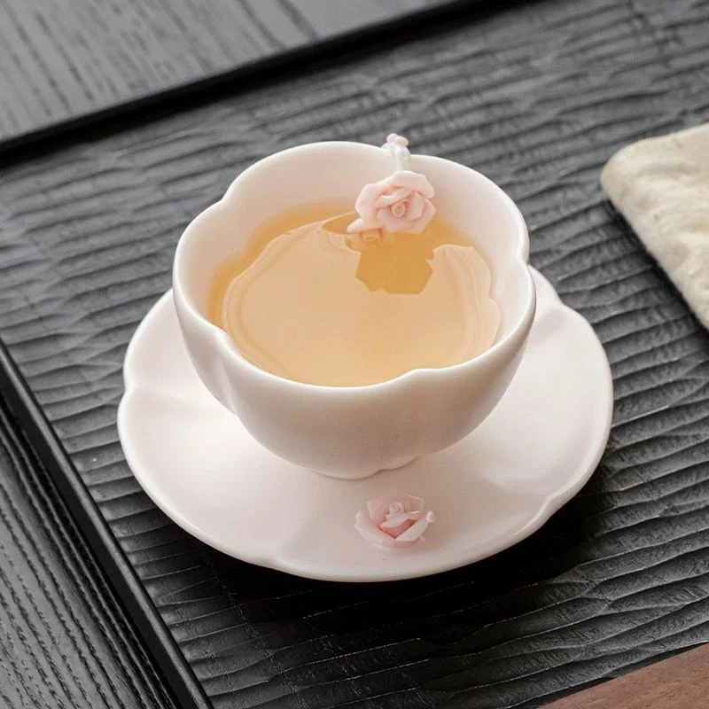 粉汝窑手工捏花粉色主人杯带底座托单杯开片可养喝茶杯品茗杯