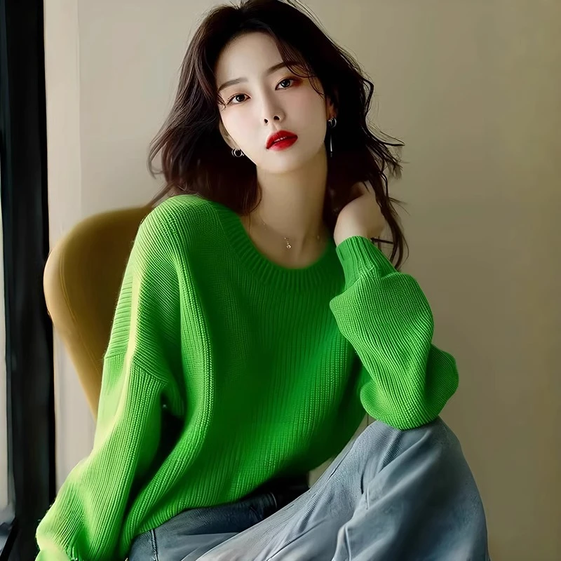 果绿色薄款长袖毛针织衫2024新款秋冬季穿搭韩系氛围感洋气上衣