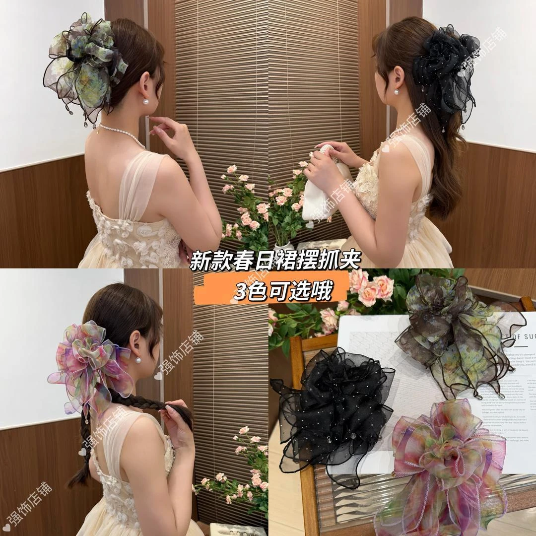 新款复古高级感花朵抓夹轻奢网纱裙摆款发饰后脑勺鲨鱼夹商品图