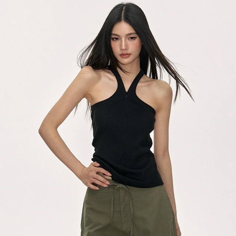 anna aneaeV领挂脖背心吊带女夏季基础简约黑色纯色无袖显瘦上衣