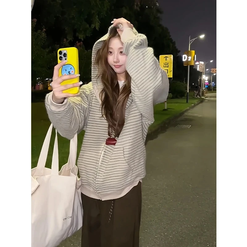 麦粒杏美式复古条纹连帽开衫卫衣男女秋季松弛慵懒高级感情侣外套