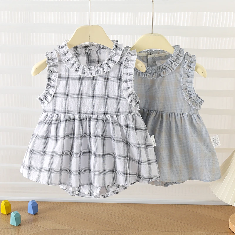 夏季休闲风套头木耳花边方格包屁背心裙婴儿连衣裙女宝女孩