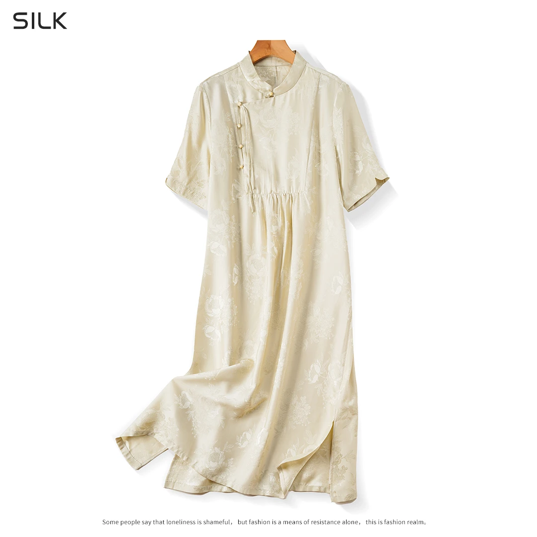 【新中式】桑蚕丝51%甜美短袖长裙真丝提花缎国风休闲连衣裙宽松