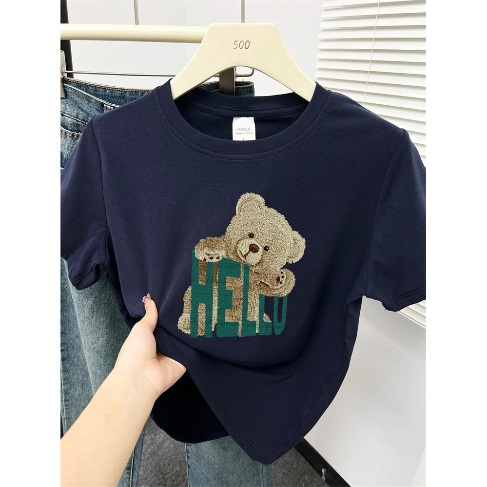 藏蓝色韩版显瘦正肩短袖T恤女装大码时尚百搭圆领卡通印花上衣潮