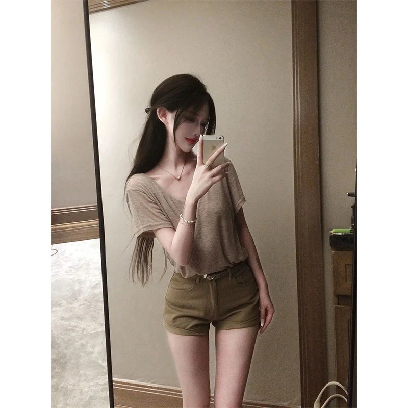 2025夏季新款ins气质百搭基础款大U领宽松T恤上衣配高腰显瘦短裤