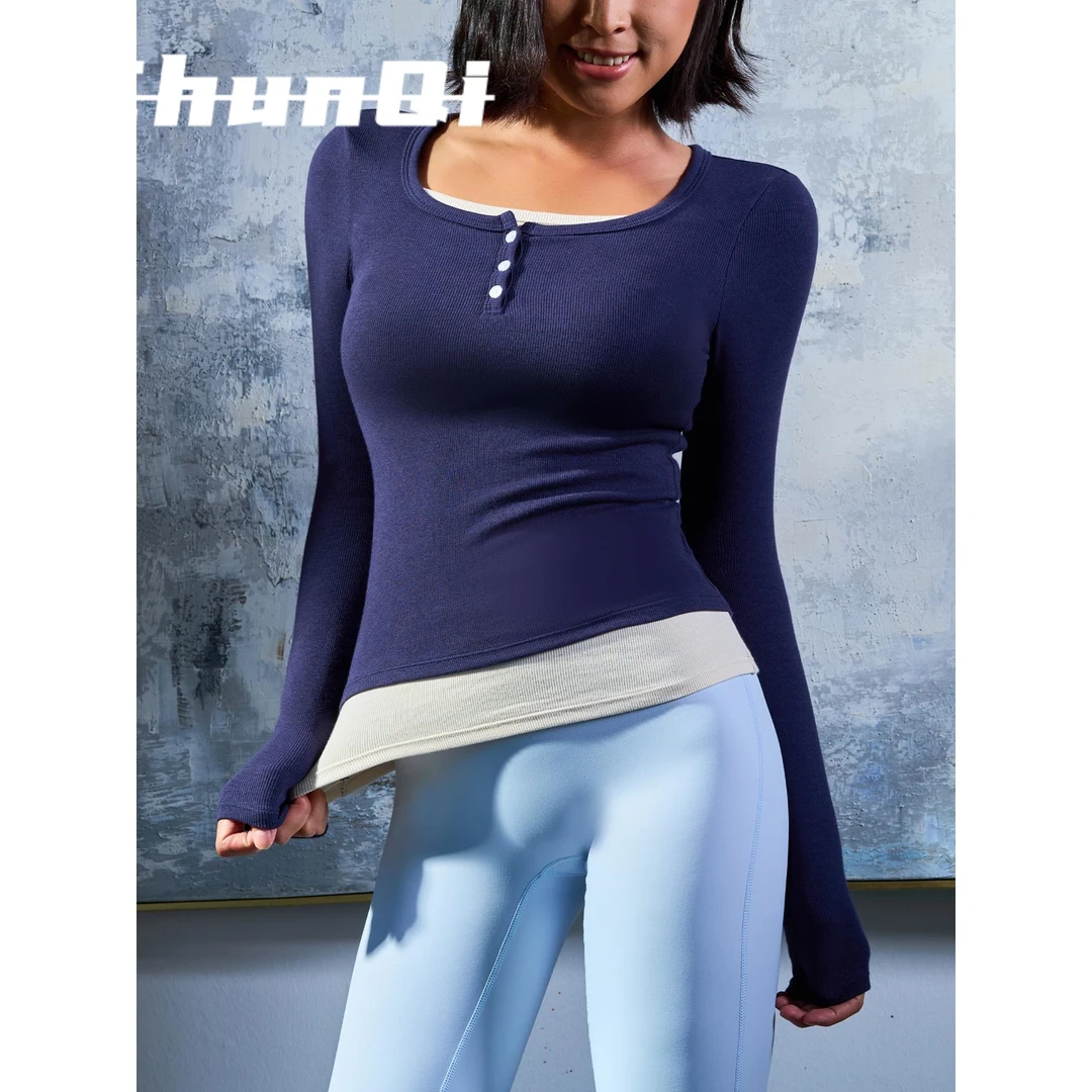维多利亚撞色假两件长袖瑜伽服打底衫美拉德穿搭纽扣圆领运动上衣