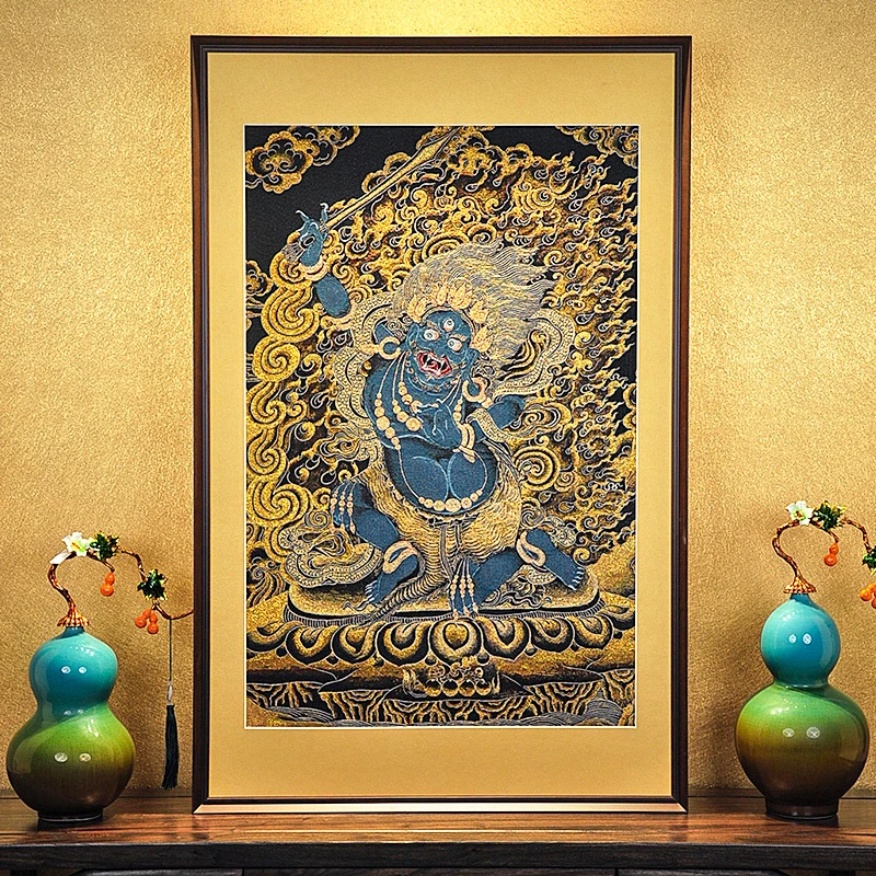刺绣【不动明王】挂画实木装裱办公室玄关茶室书房背景墙装饰画