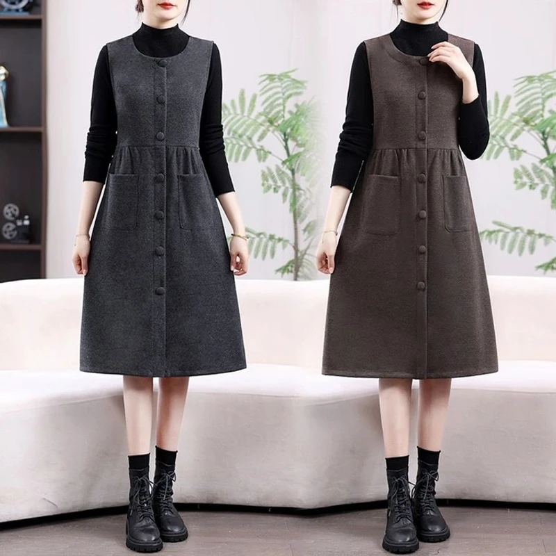 2025新款春秋毛呢背心裙无袖中长款连衣裙宽松显瘦圆领休闲裙子女