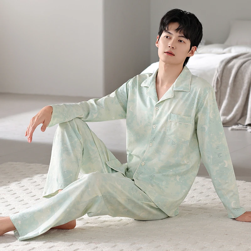 莉莉家新款睡衣男士加厚纯棉绿色星空长袖开衫保暖睡衣家居服套装