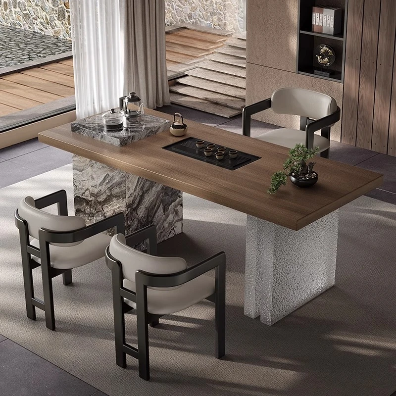 意式极简岩板胡桃木颜色茶桌椅组合茶盘一体客厅家用阳台泡茶台