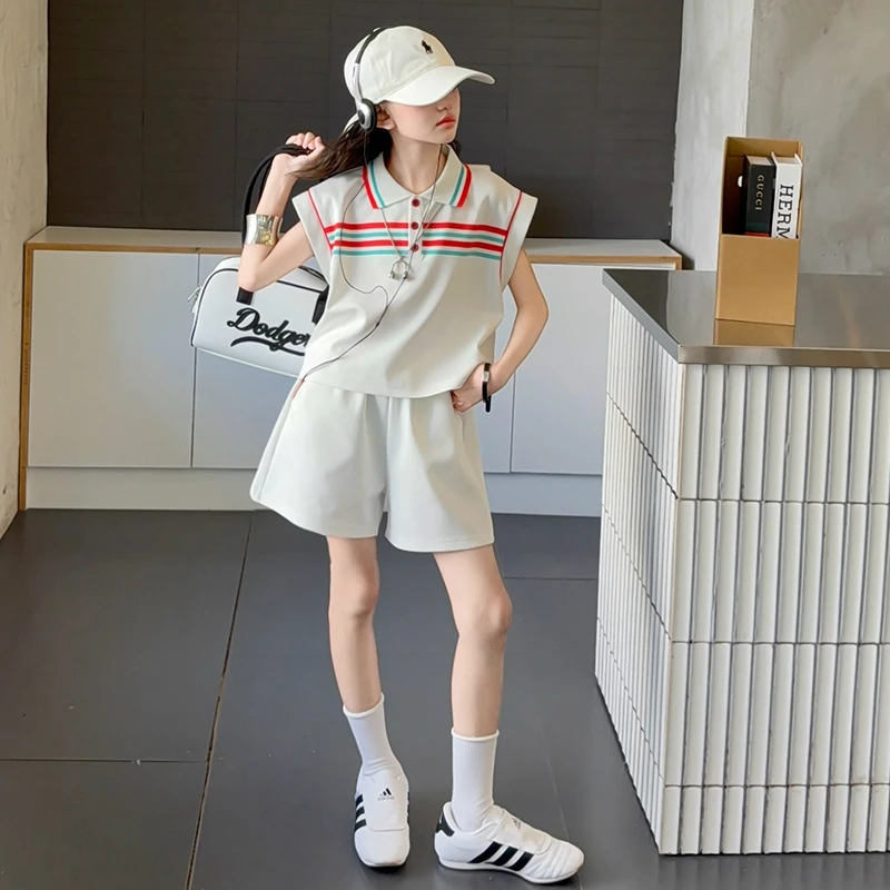 女童运动套装夏2025新款儿童休闲夏装女孩POLO衫短裤两件套