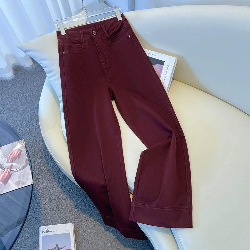 2025新款安格拉红直筒植绒复古高腰显瘦软面料牛仔裤-1095**