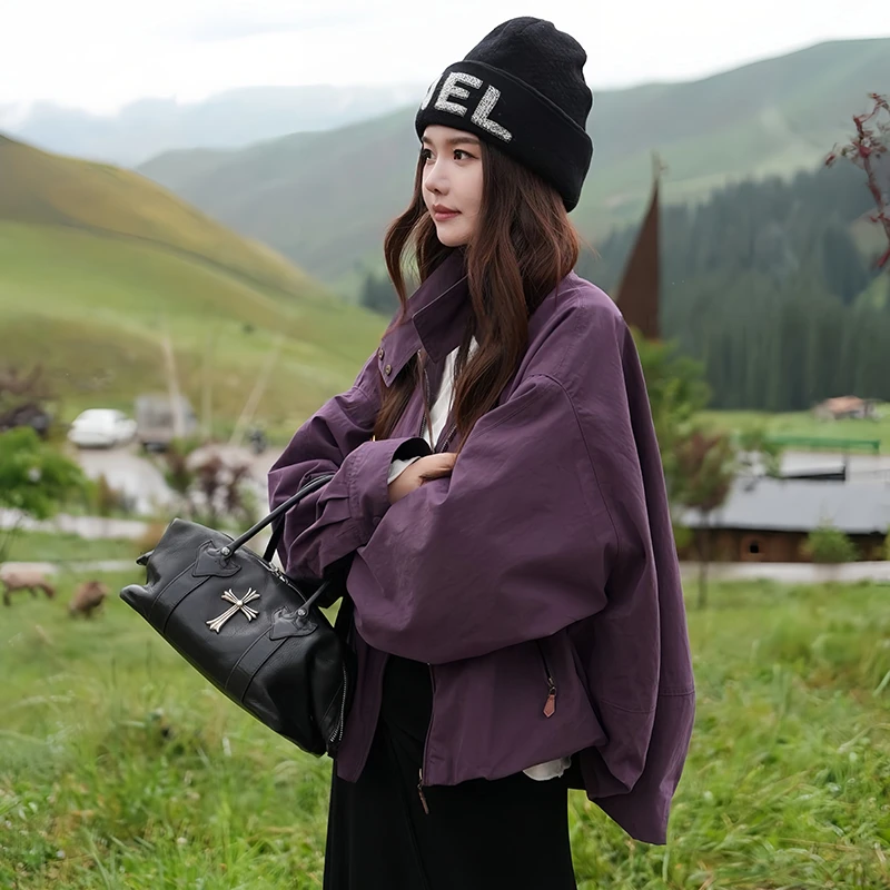 复古立领慵懒风拉链外套女2025年秋冬新款百搭休闲工装夹克上衣