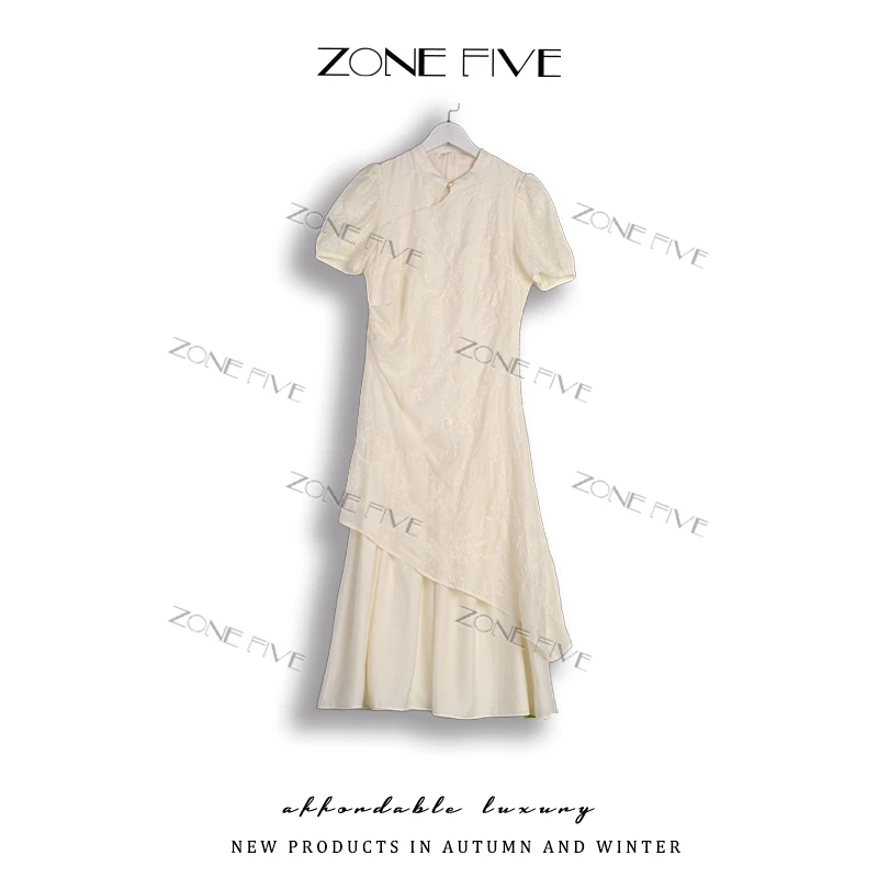 【zonefive】国风提花褶皱收腰旗袍连衣裙