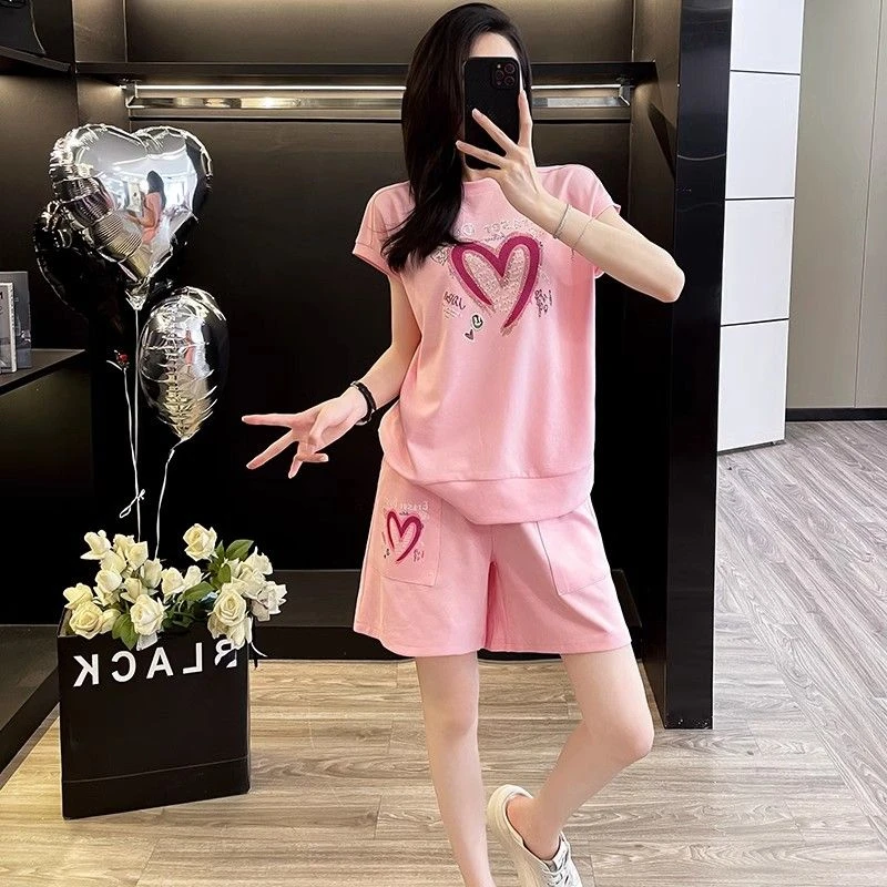 夏季2025重工烫钻新款休闲运动套装女减龄粉色短袖T恤短裤两件套