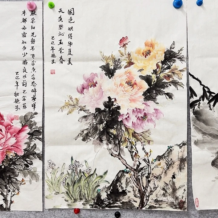 国画花鸟等图案三开
