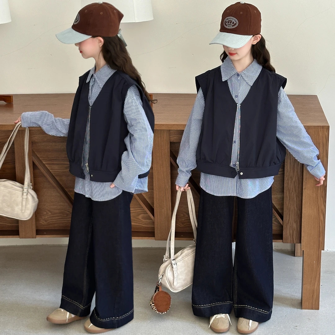 女童套装秋装2025新款6-12岁潮酷中大童衬衫牛仔马甲阔腿裤三件套