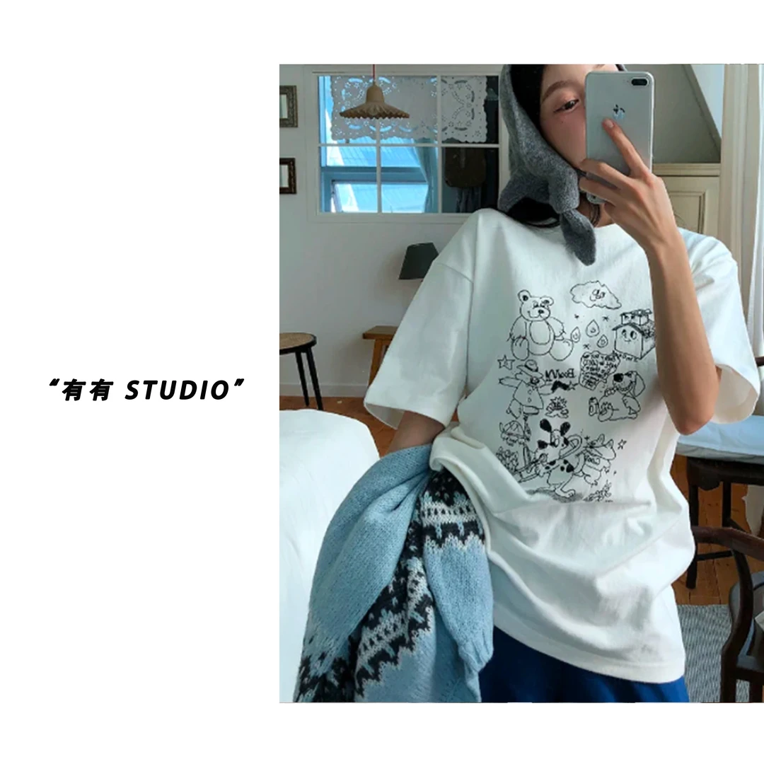 「韩系涂鸦小树和熊」质感~卡通百搭显瘦女款短袖T恤