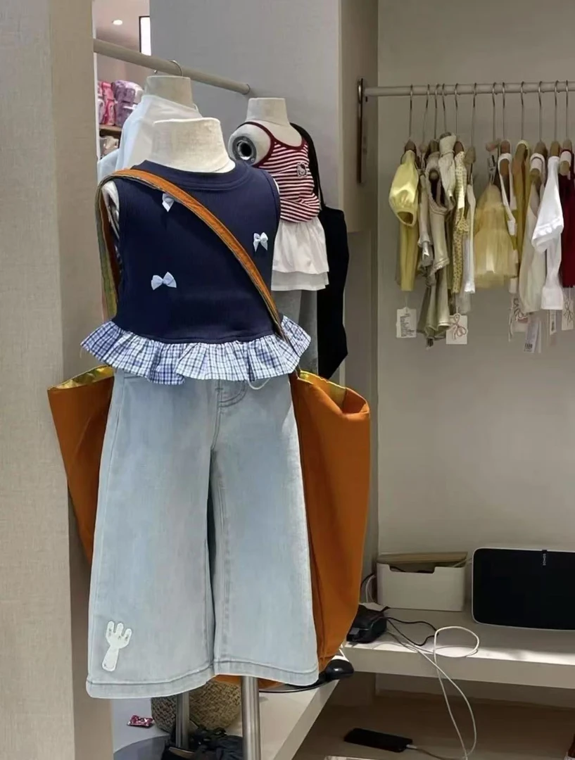 2025夏季新款95棉儿童立体蝴蝶结下摆花边背心女童甜美风中小童