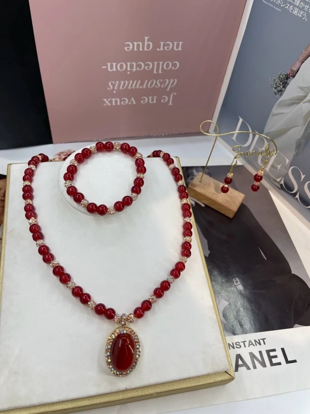 非金属玻璃项链 玻璃项链三件套项链时尚复古精美妈妈款手工