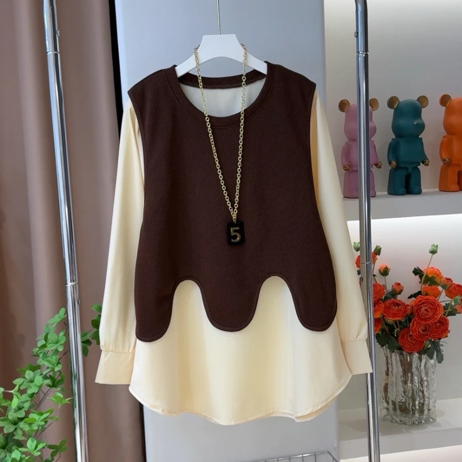 1836波浪边假两件上衣春季新款宽松大版显瘦中长款长袖洋气衬衫女