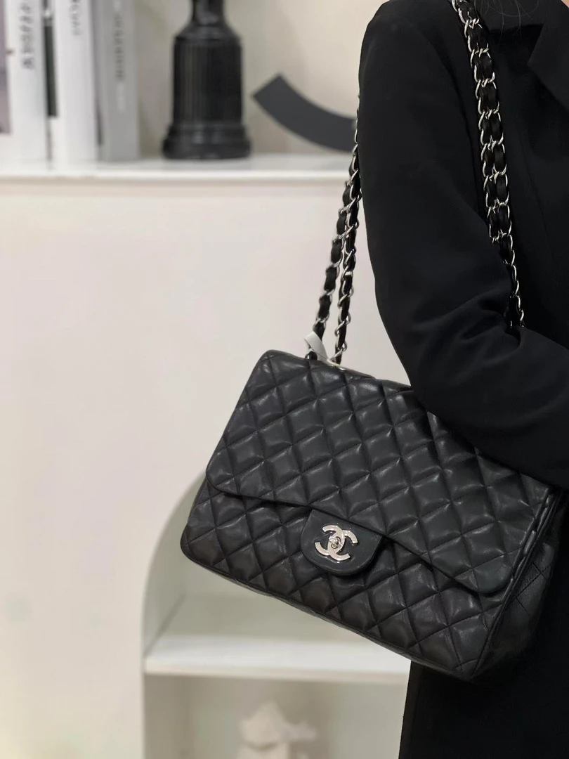 99新 Chanel/香奈儿 定金/chanel cf jumbo黑银羊斜挎包双盖/甄选