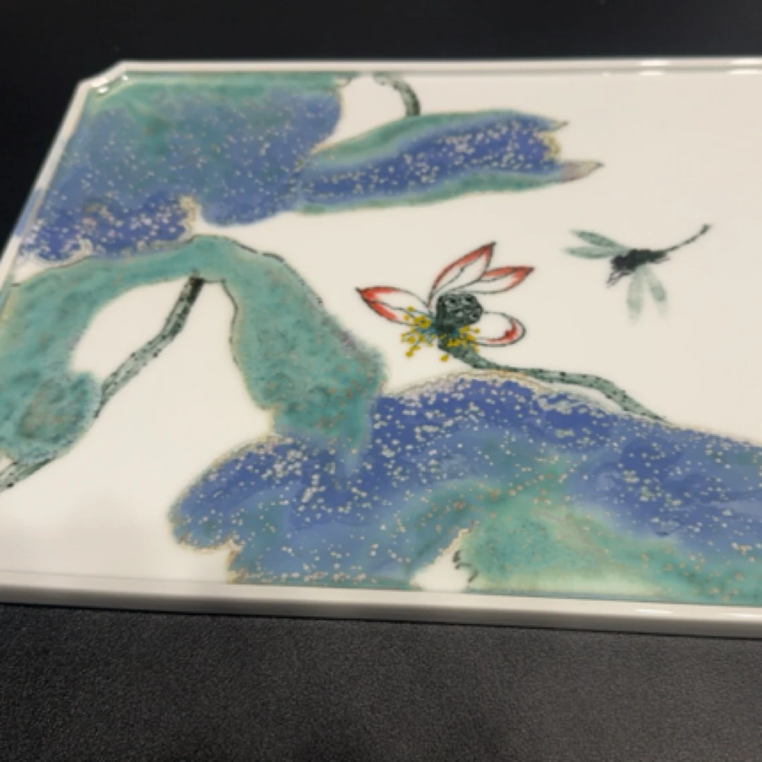 高温颜色釉荷花方形茶盘
