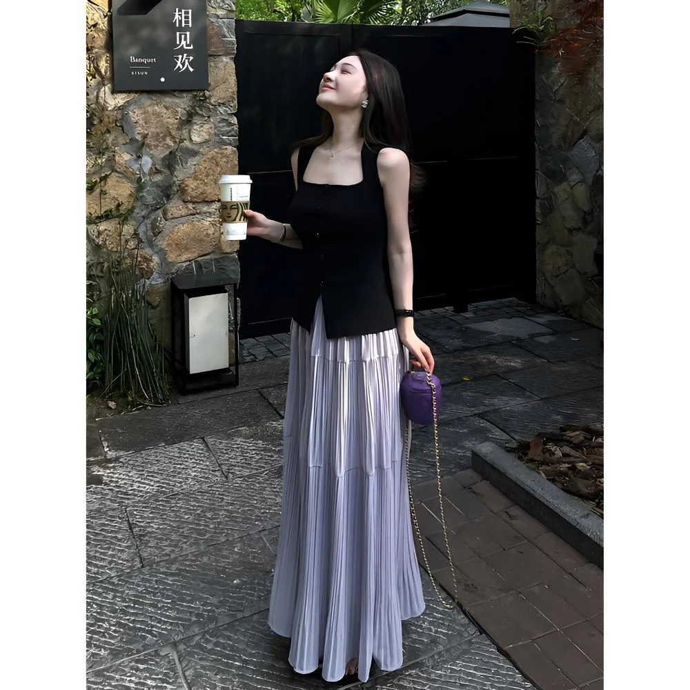 欧货气质减龄休闲套装女夏季纯欲风显瘦吊带无袖背心半身裙两件套