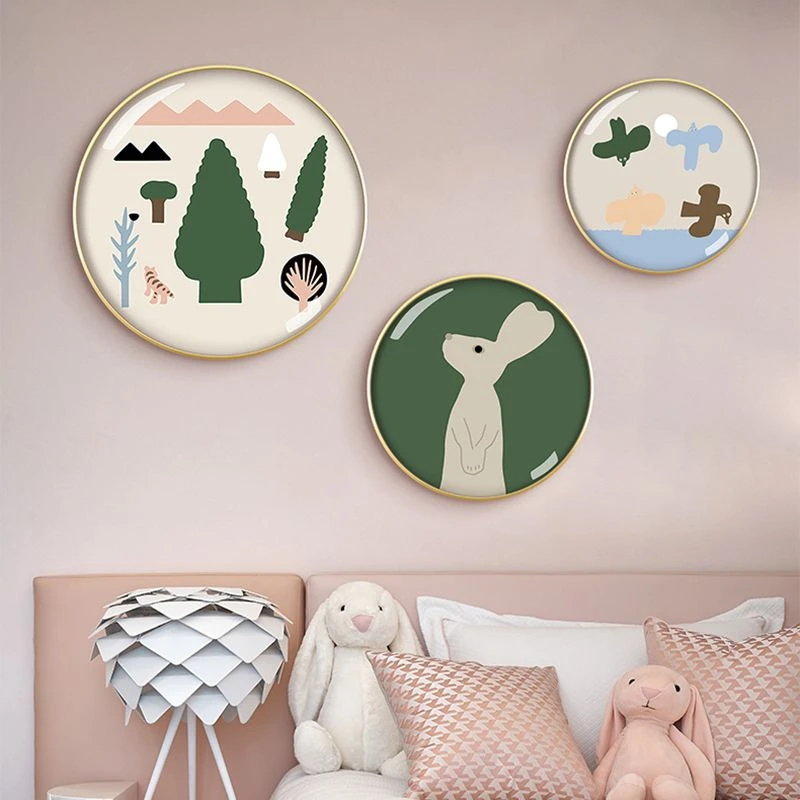 圆形兔子儿童房装饰画男孩女孩卧室挂画床头画公主房女儿房动物画