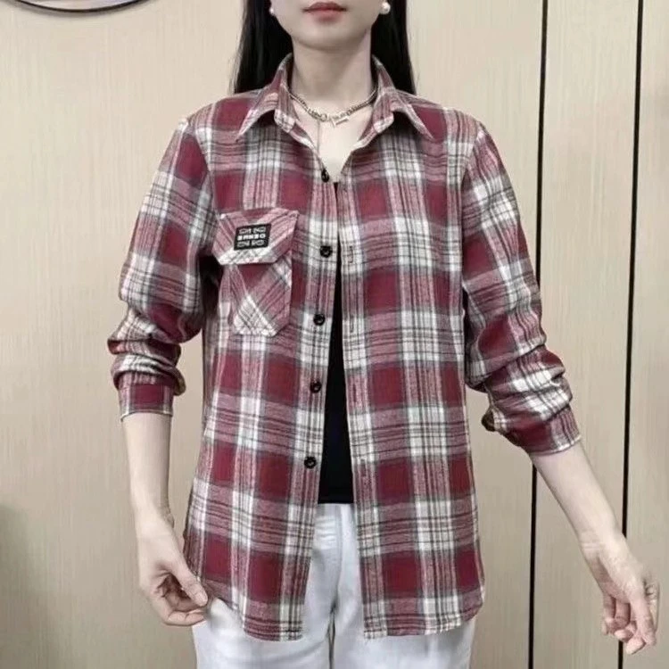 春夏新款长袖纯棉格子衬衫妈妈女装休闲宽松秋全棉衬衣上衣薄外套
