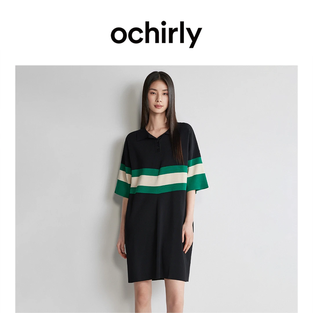ochirly学院风polo领短袖连衣裙条纹透气雅丹风针织孕妇oversize