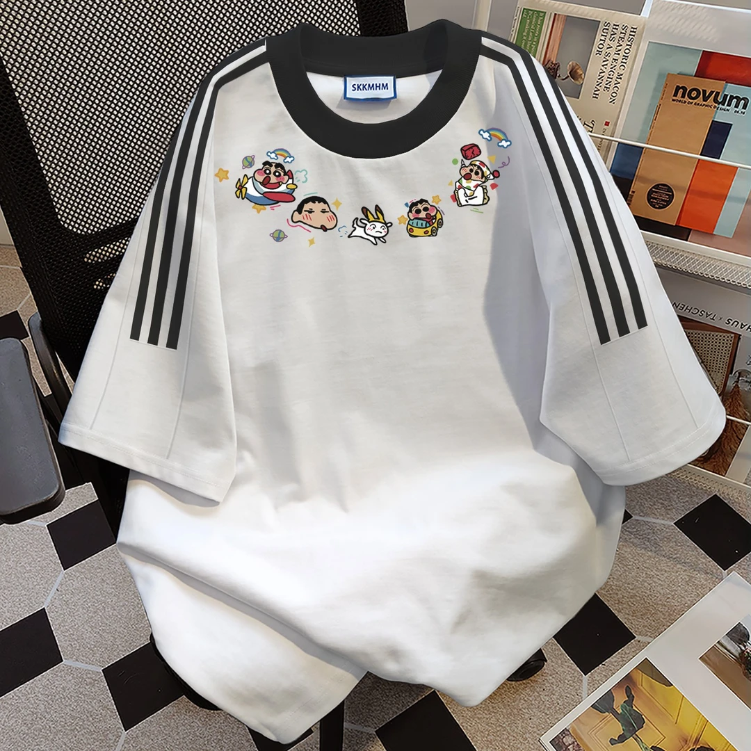 100%纯棉蜡笔小新印花三条杠男女款可爱t恤男女2025夏季新款上衣