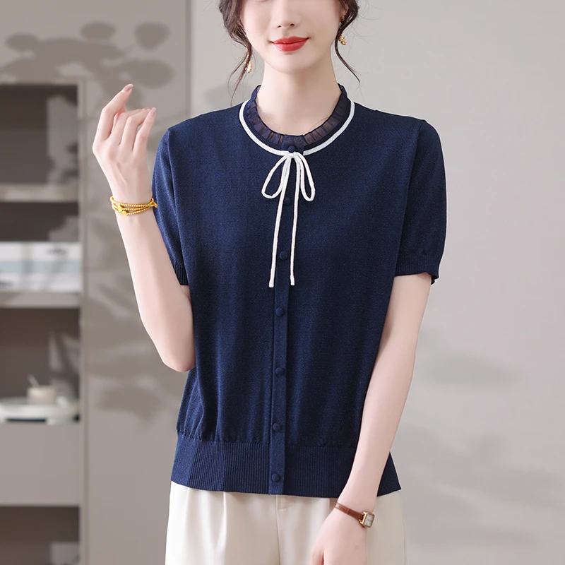 蕾丝圆领短袖t恤薄款气质冰丝上衣时尚漂亮好看女装显瘦百搭新款