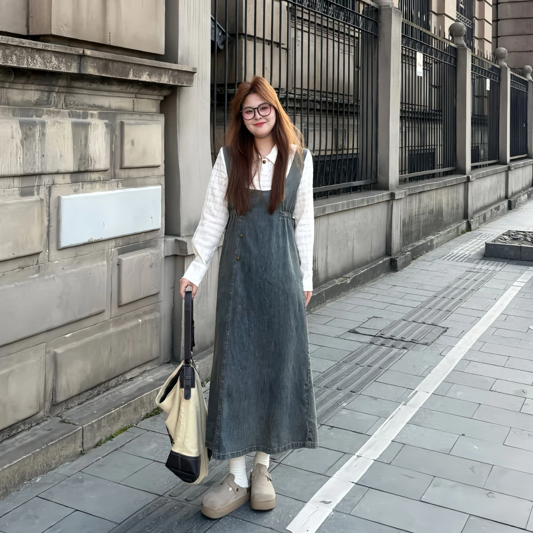 盈盈&南岛风大码女装长袖衬衫牛仔连衣裙胖mm春秋显瘦长裙ZYY1532