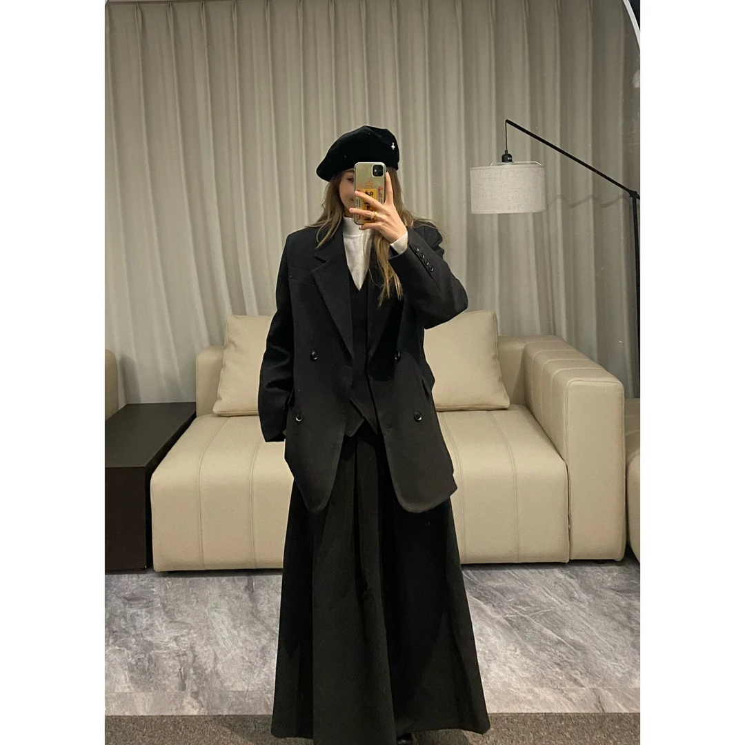 【JOJO专属】深灰双排扣羽绒西装外套女 秋冬小众设计感 气场通勤款