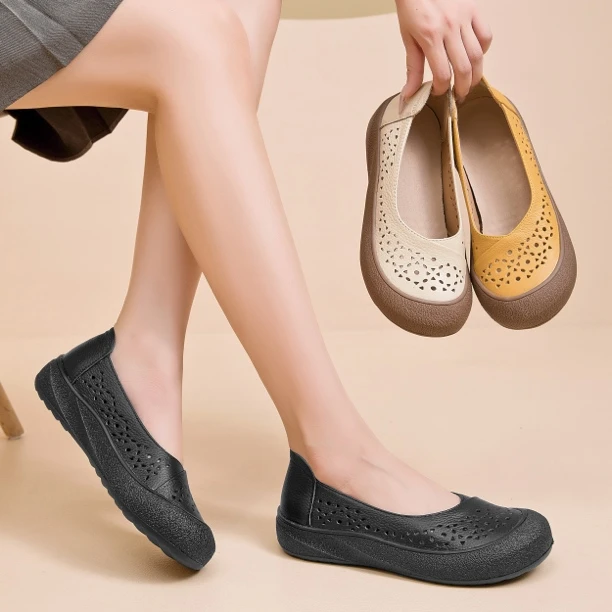 头层牛皮夏季新款包头休闲透气圆头舒适民族风镂空软底软面妈妈鞋