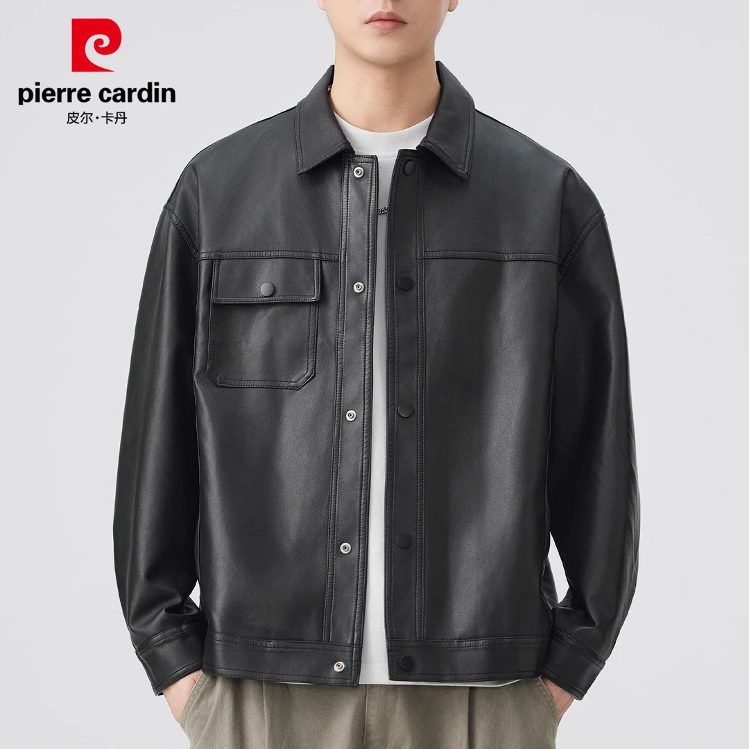 皮尔卡丹男士翻领皮衣2025秋季新款痞帅机车服高级感休闲外套男装
