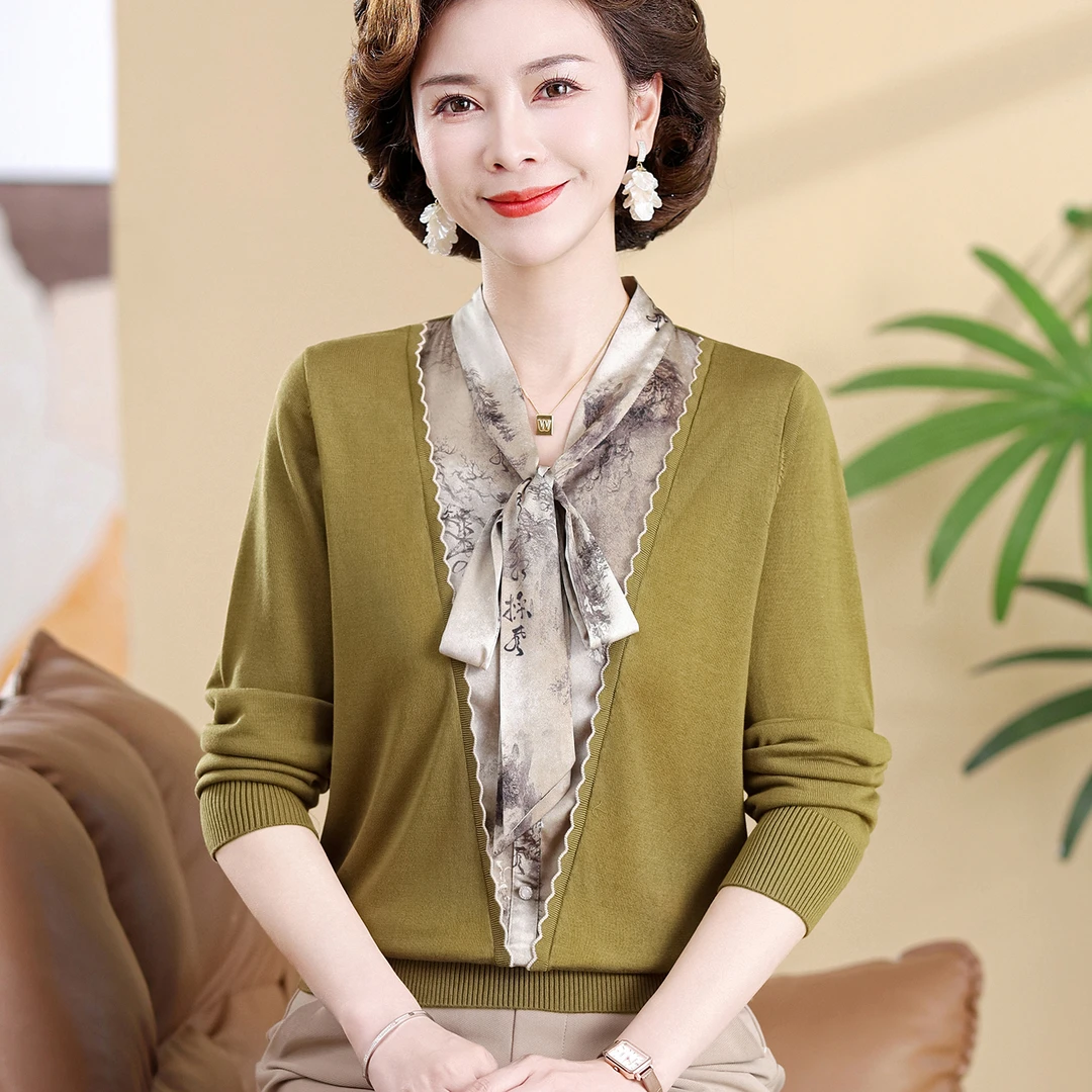 妈妈款假两件上衣长袖针织衫中老年女春秋系带打底衫宽松大码T恤