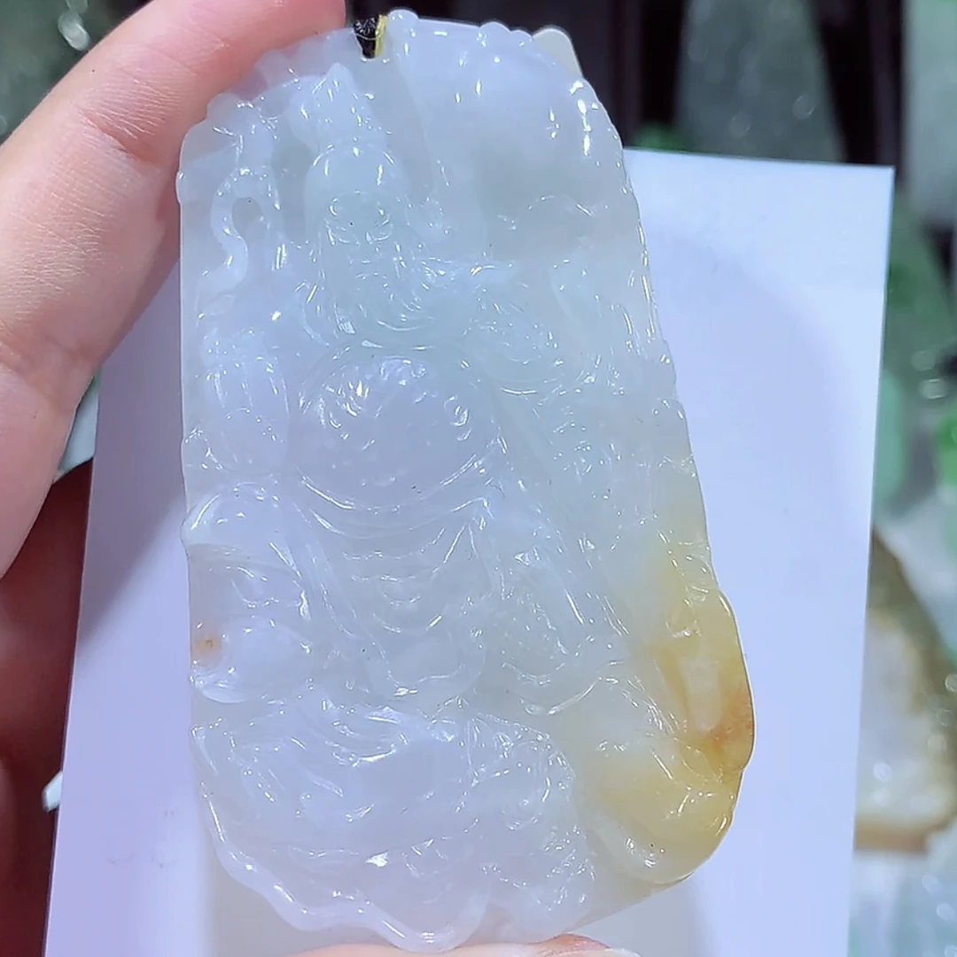 缅甸天然A货翡翠飘黄翡御龙关公吊坠