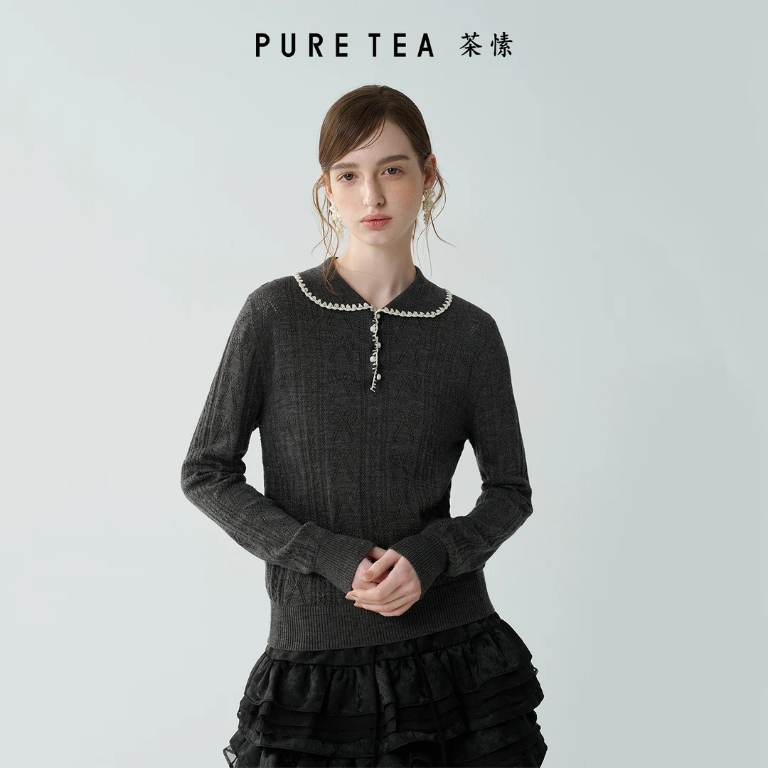 【法式千金】puretea茶愫彼得翻娃娃领钩织花边针织衫女2026春新