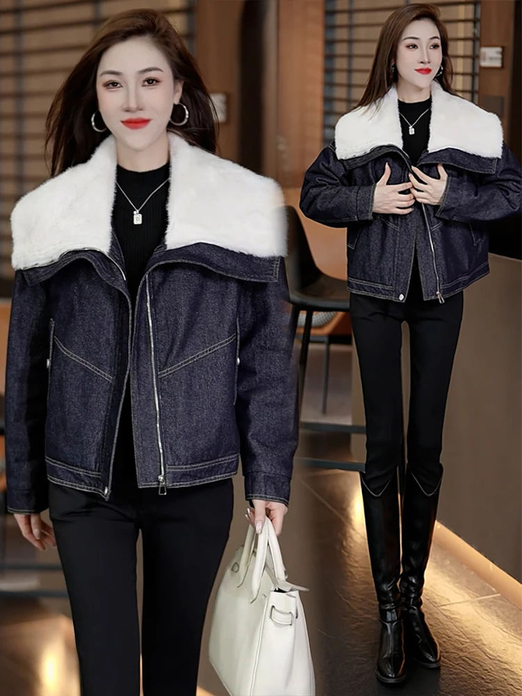加绒加厚牛仔棉衣外套女2025冬季新款洋气宽松保暖大毛领休闲棉服