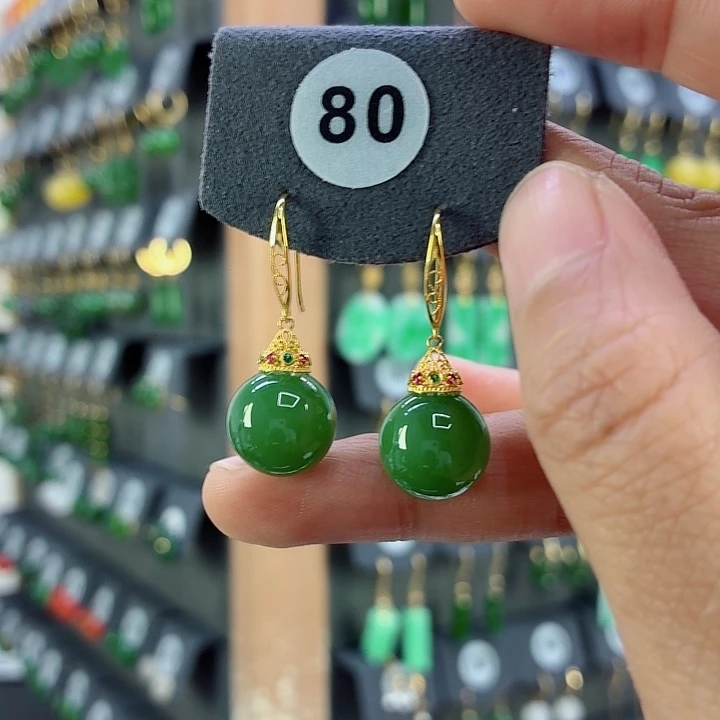 和田玉18K金镶嵌耳饰