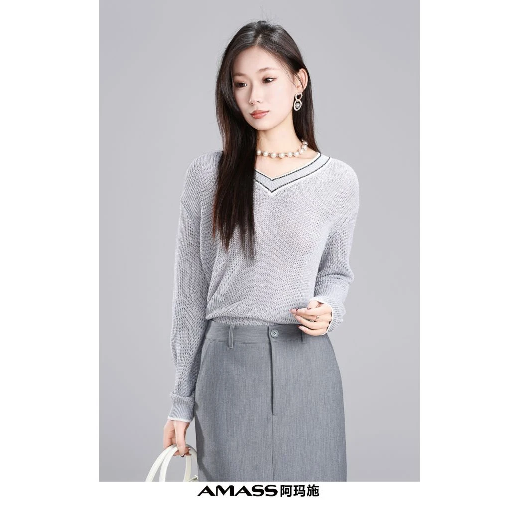 AMASS/阿玛施538042新款质感V领轻职风针织衫经典时尚长袖百搭T恤