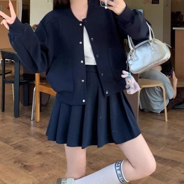 显瘦时尚百搭两件套胖mm减龄春装套装女棒球服+百褶裙2025年大码