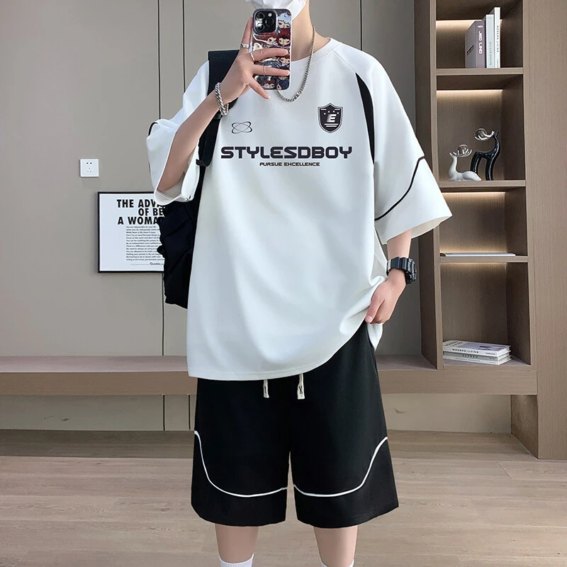 型男潮品落肩袖宽松T恤短袖短裤夏季五分袖男士潮流运动港风套装