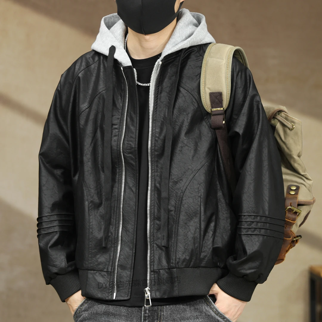 高端美式假两件连帽PU皮夹克男春秋新款休闲痞帅机车皮衣外套男装